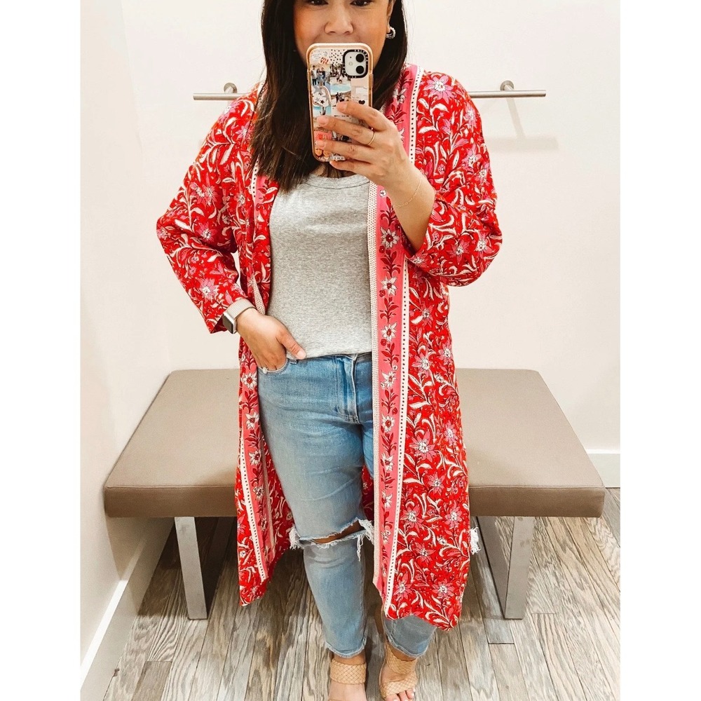 LOFT Red Floral Kimono Duster Cardigan XS/S Pink Botanical Open Front Layer